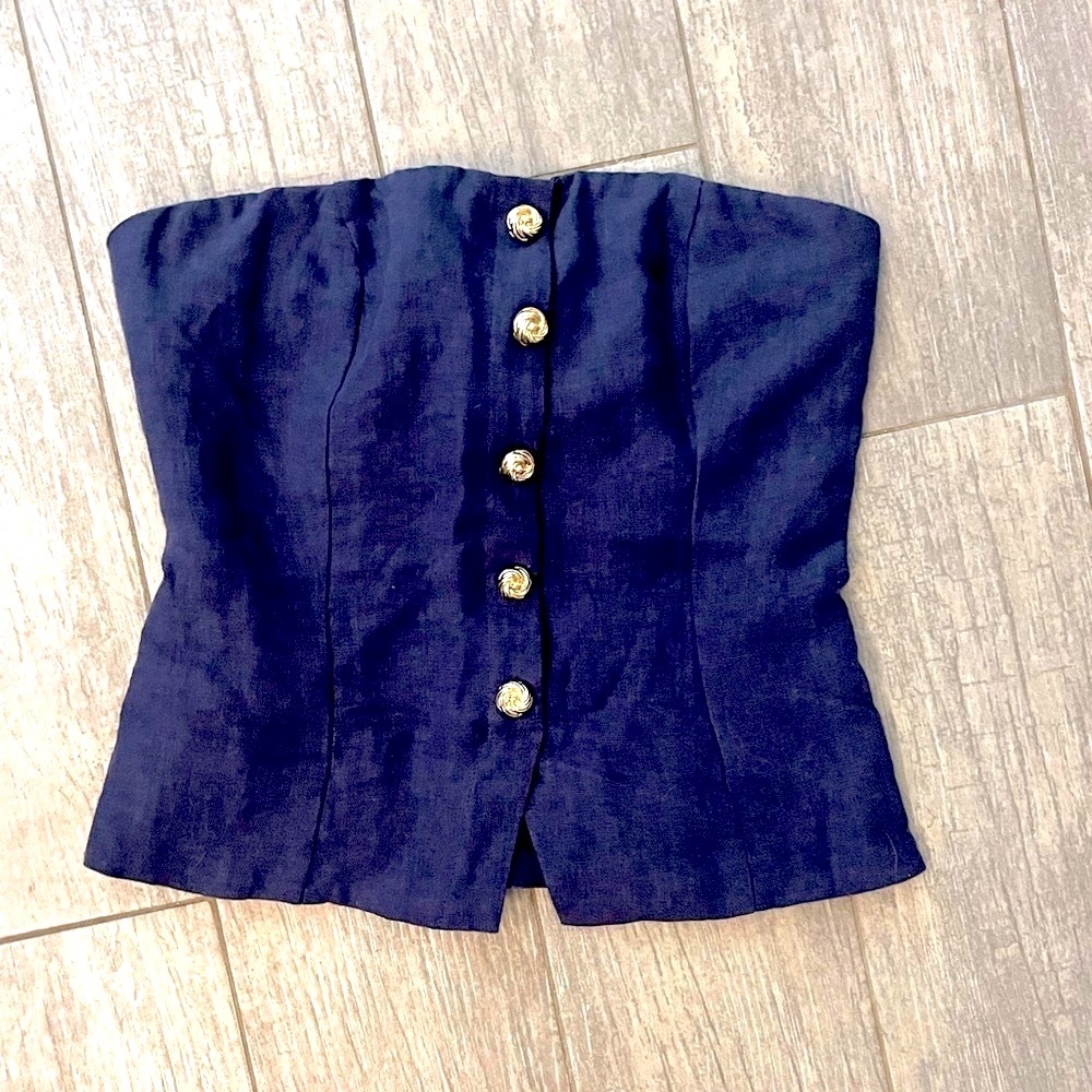 Denim tube top with gold buttons